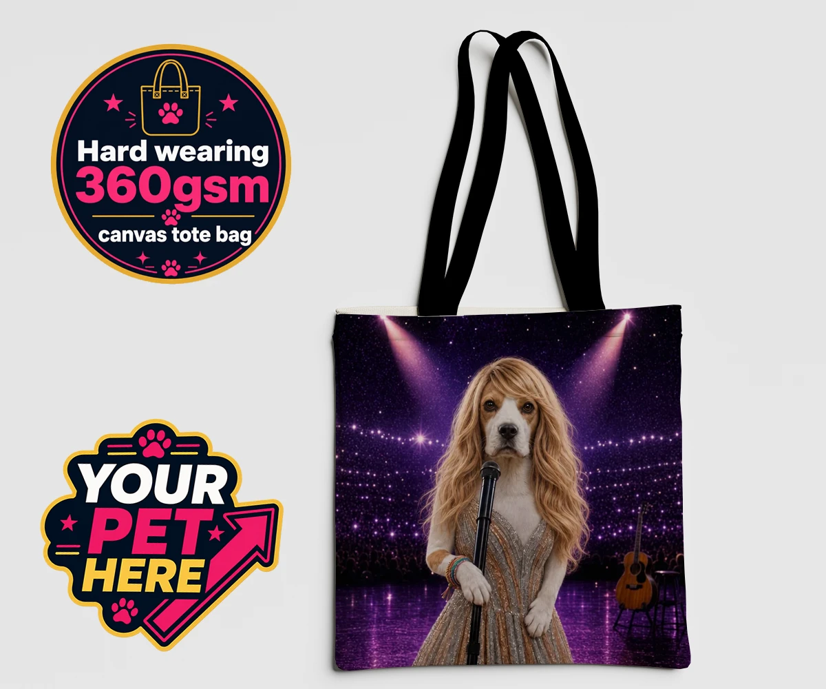 Personalised Swiftie Paws dog canvas tote bags featuring the enchanting canine star of the stage, ready to steal hearts with he