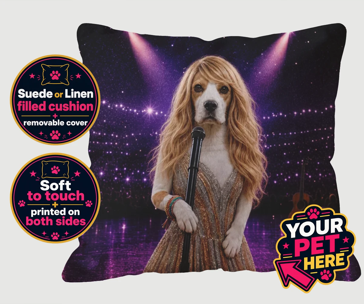 Personalised Swiftie Paws dog cushions featuring the enchanting canine star of the stage, ready to steal hearts with he