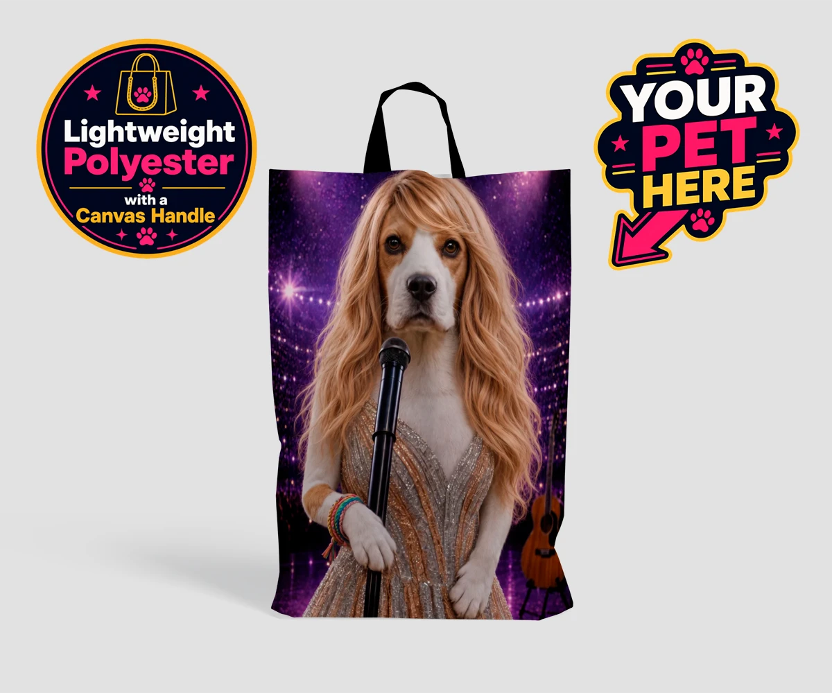 Personalised Swiftie Paws dog shopping bags featuring the enchanting canine star of the stage, ready to steal hearts with he