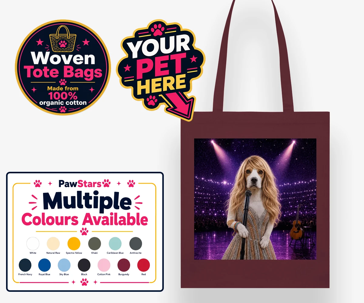 Personalised Swiftie Paws dog woven tote bags featuring the enchanting canine star of the stage, ready to steal hearts with he
