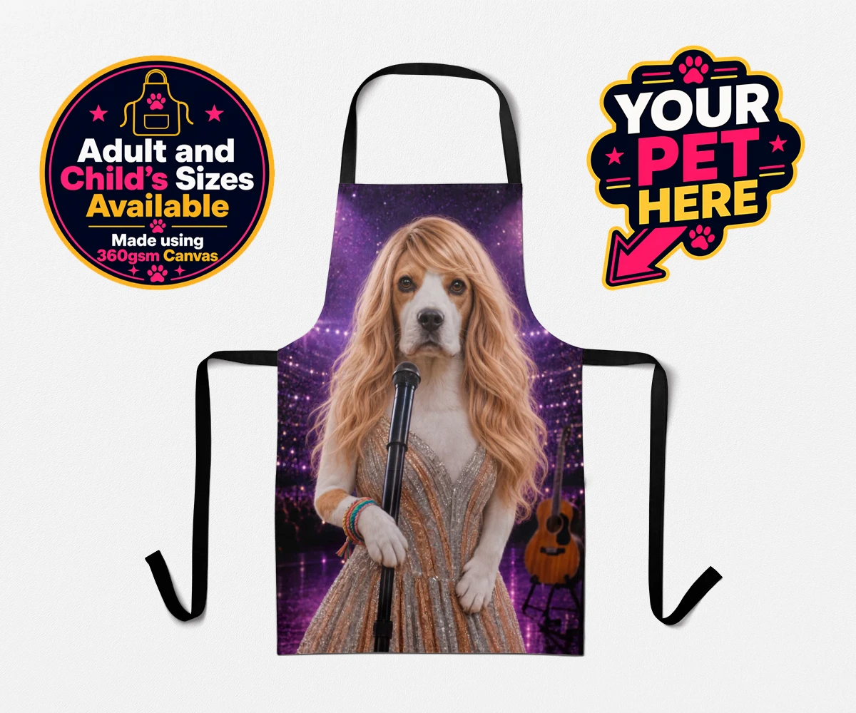 Personalised Swiftie Paws dog aprons featuring the enchanting canine star of the stage, ready to steal hearts with he
