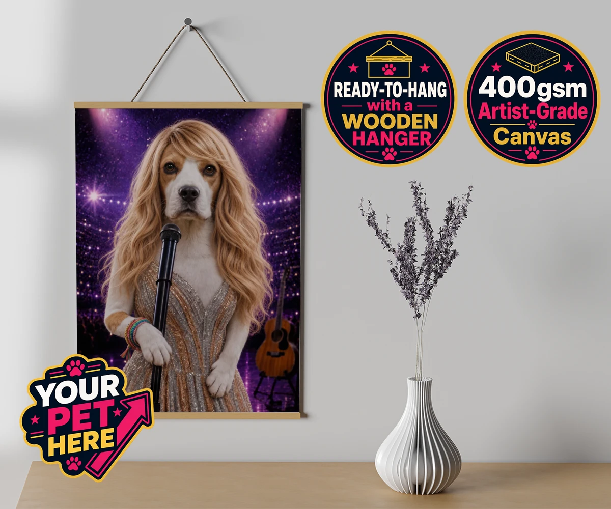 Personalised Swiftie Paws dog canvas poster prints with hanger featuring the enchanting canine star of the stage, ready to steal hearts with he