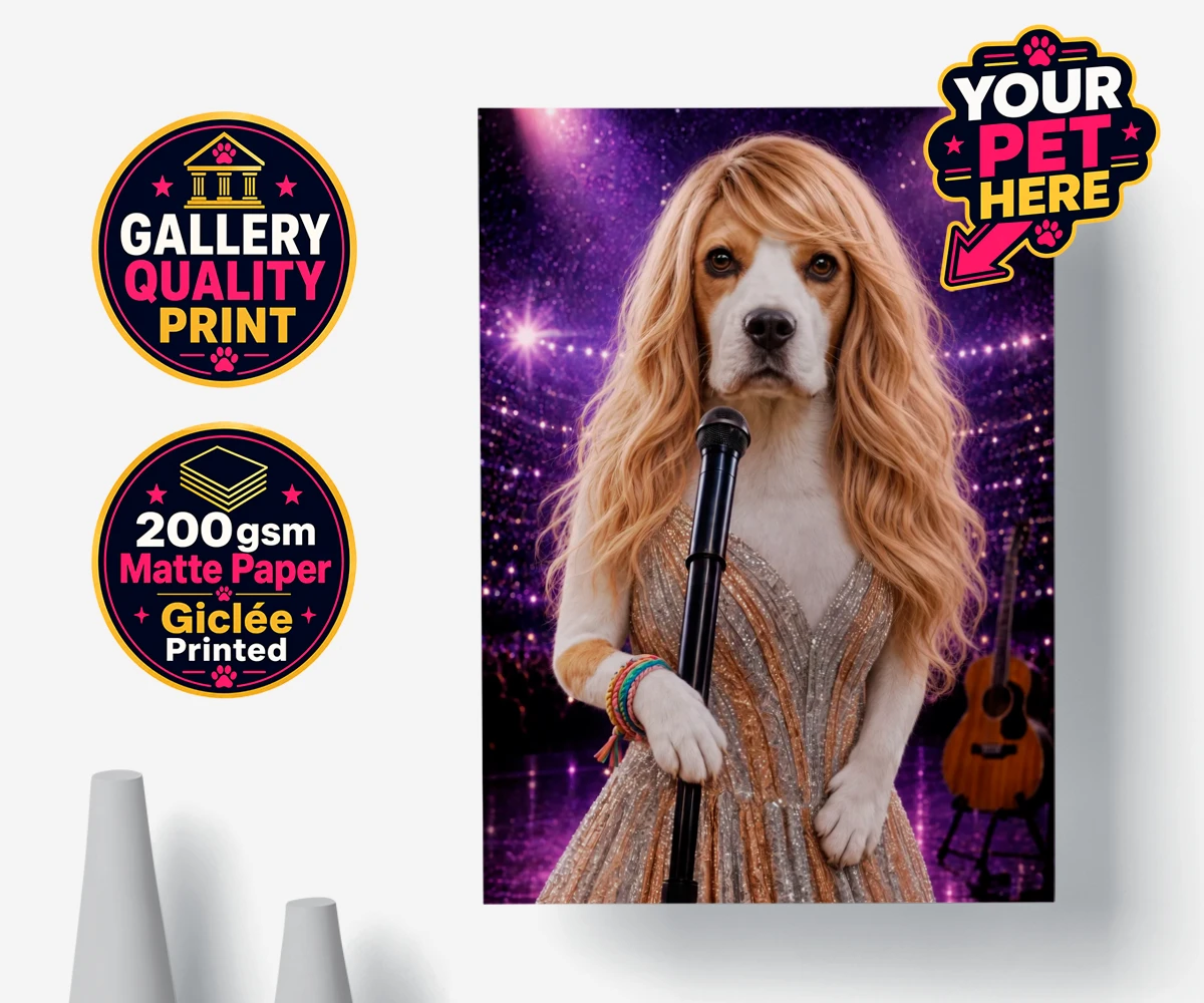 Personalised Swiftie Paws dog premium poster print featuring the enchanting canine star of the stage, ready to steal hearts with he