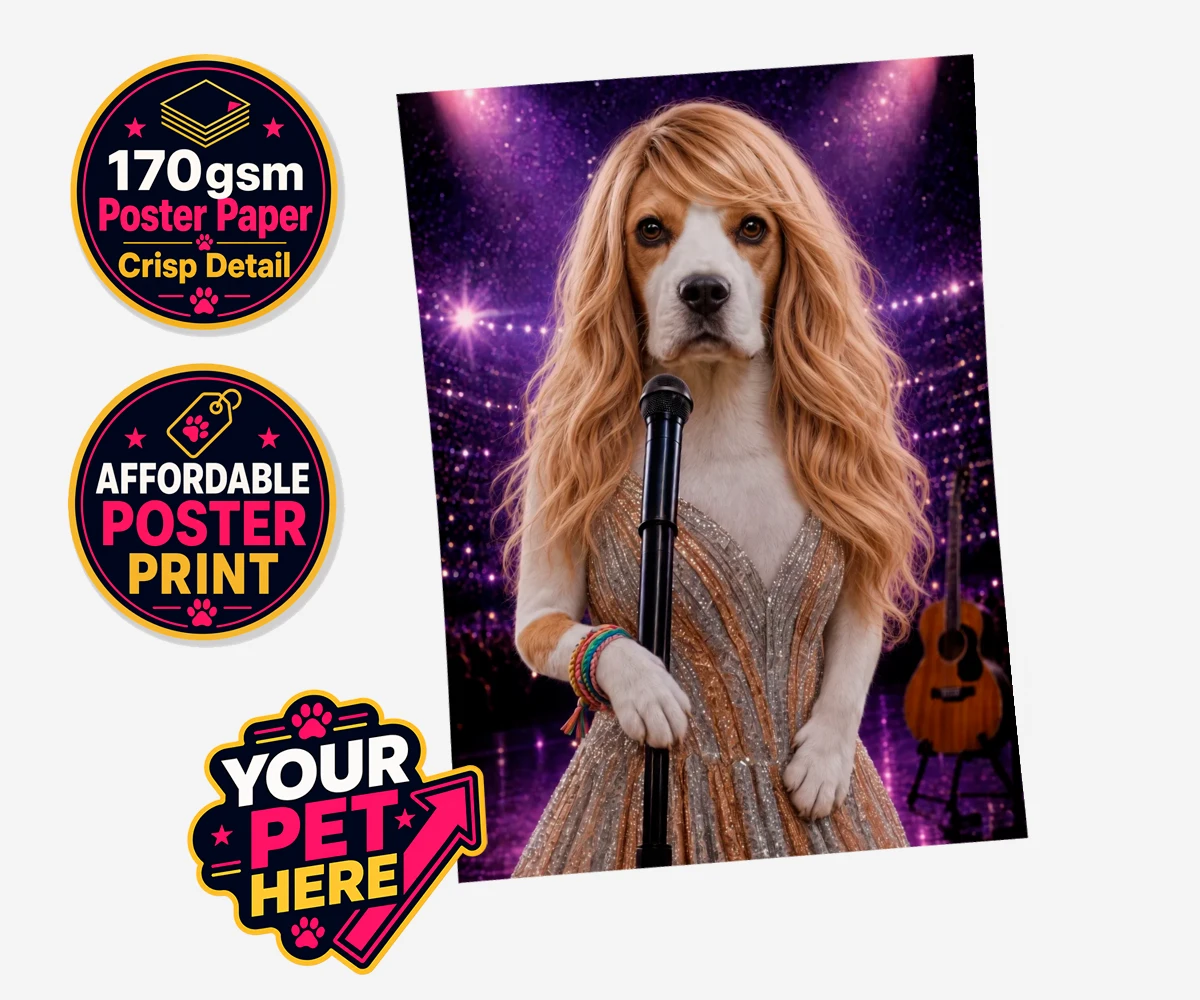 Personalised Swiftie Paws dog standard poster print featuring the enchanting canine star of the stage, ready to steal hearts with he