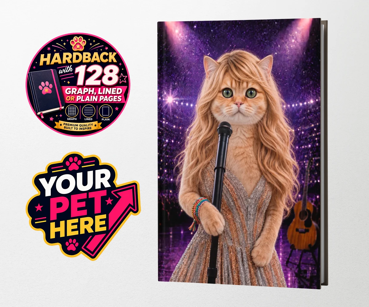 Personalised Swiftie Paws cat hardback notebooks featuring the purr-fect blend of feline charm and musical flair!