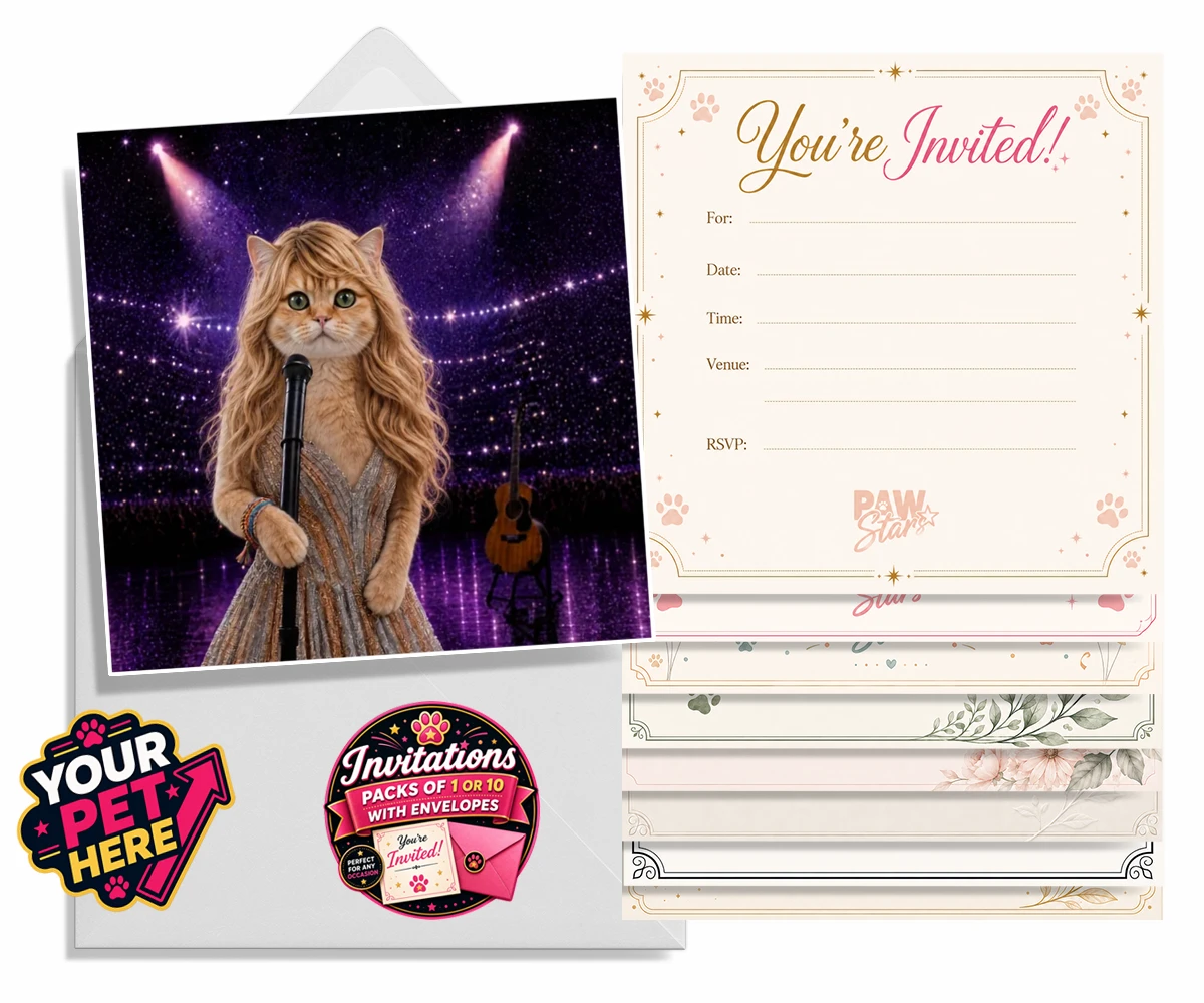 Personalised Swiftie Paws cat invitations featuring the purr-fect blend of feline charm and musical flair!