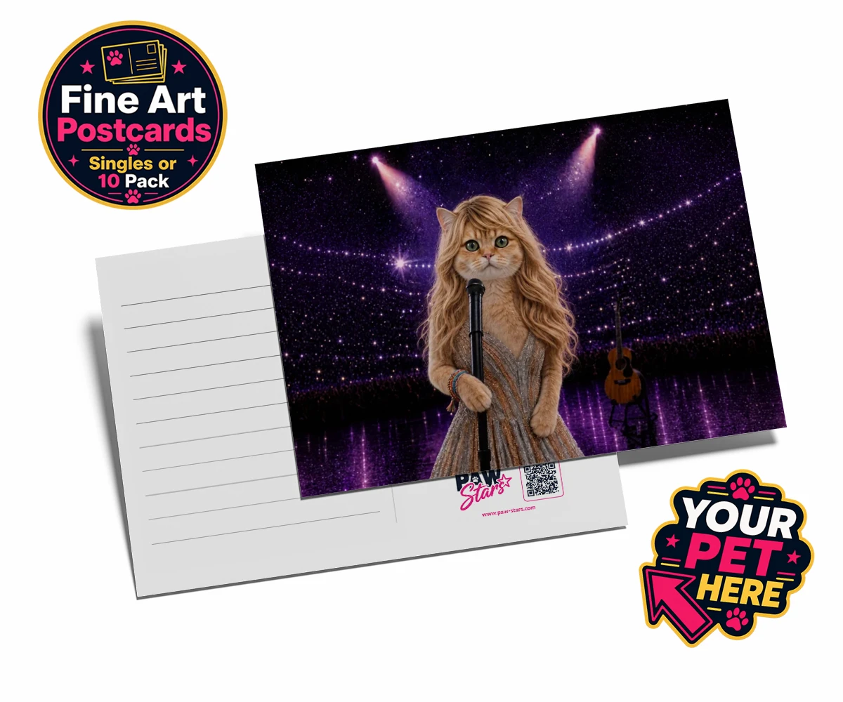 Personalised Swiftie Paws cat postcards featuring the purr-fect blend of feline charm and musical flair!