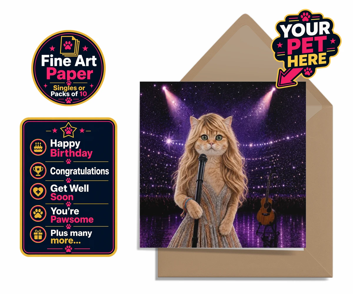 Personalised Swiftie Paws cat premium greetings cards featuring the purr-fect blend of feline charm and musical flair!