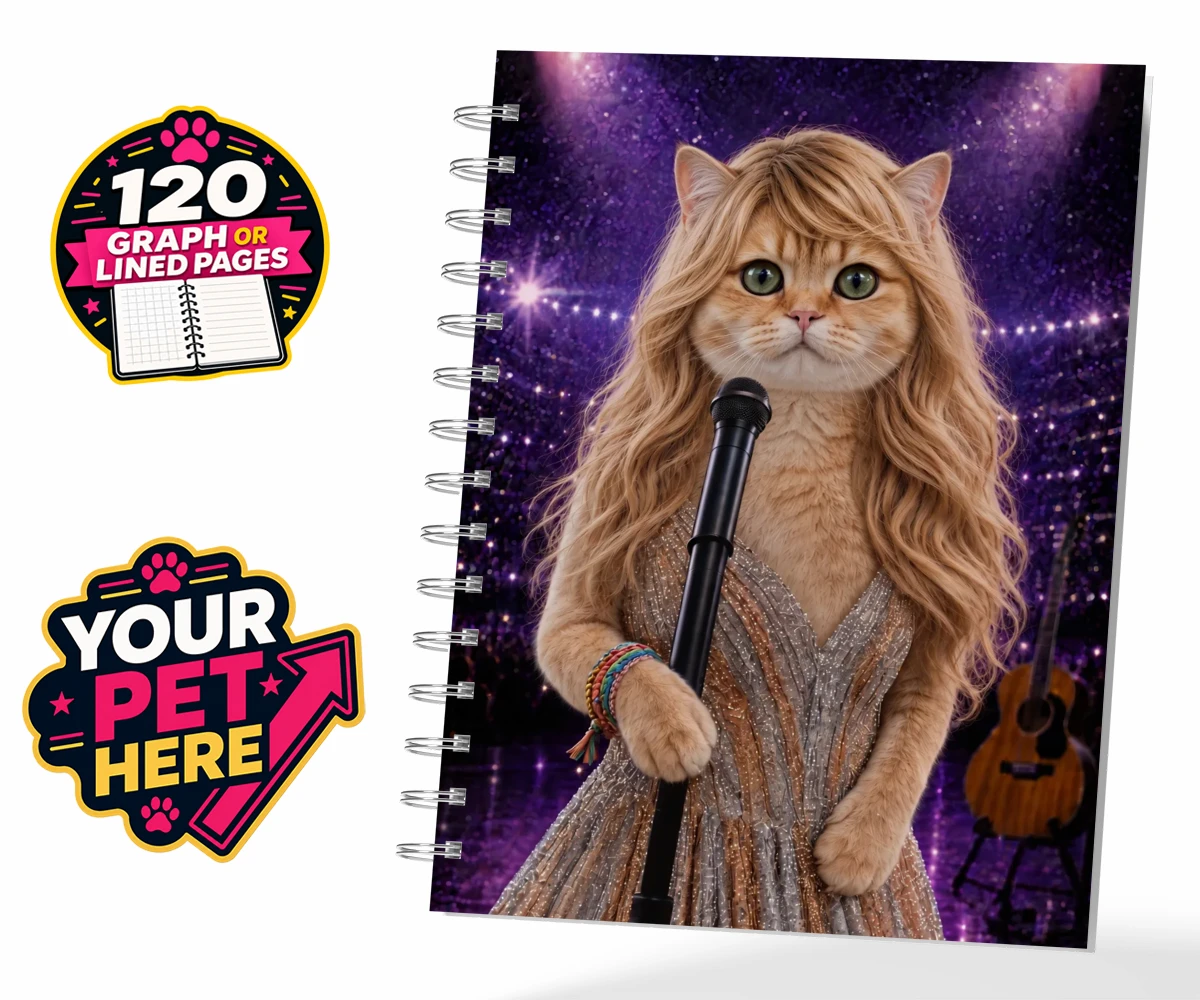 Personalised Swiftie Paws cat spiral notebook featuring the purr-fect blend of feline charm and musical flair!