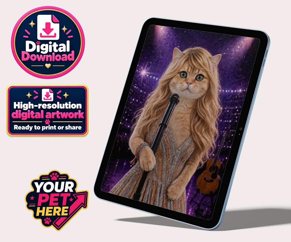 Personalised Swiftie Paws cat personalised digital downloads featuring the purr-fect blend of feline charm and musical flair!