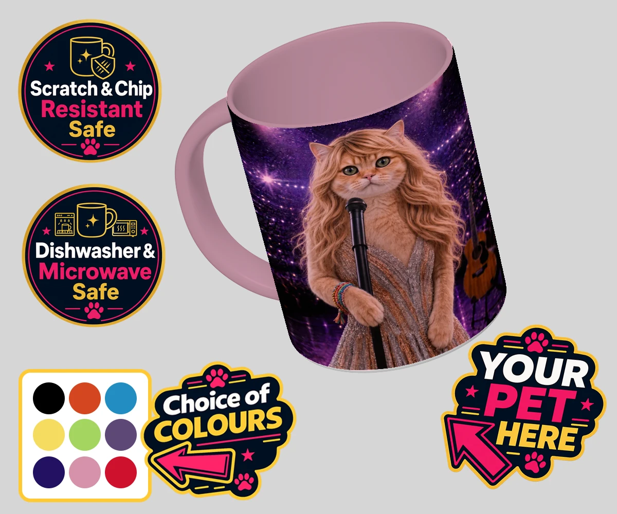 Personalised Swiftie Paws cat coloured photo mugs featuring the purr-fect blend of feline charm and musical flair!