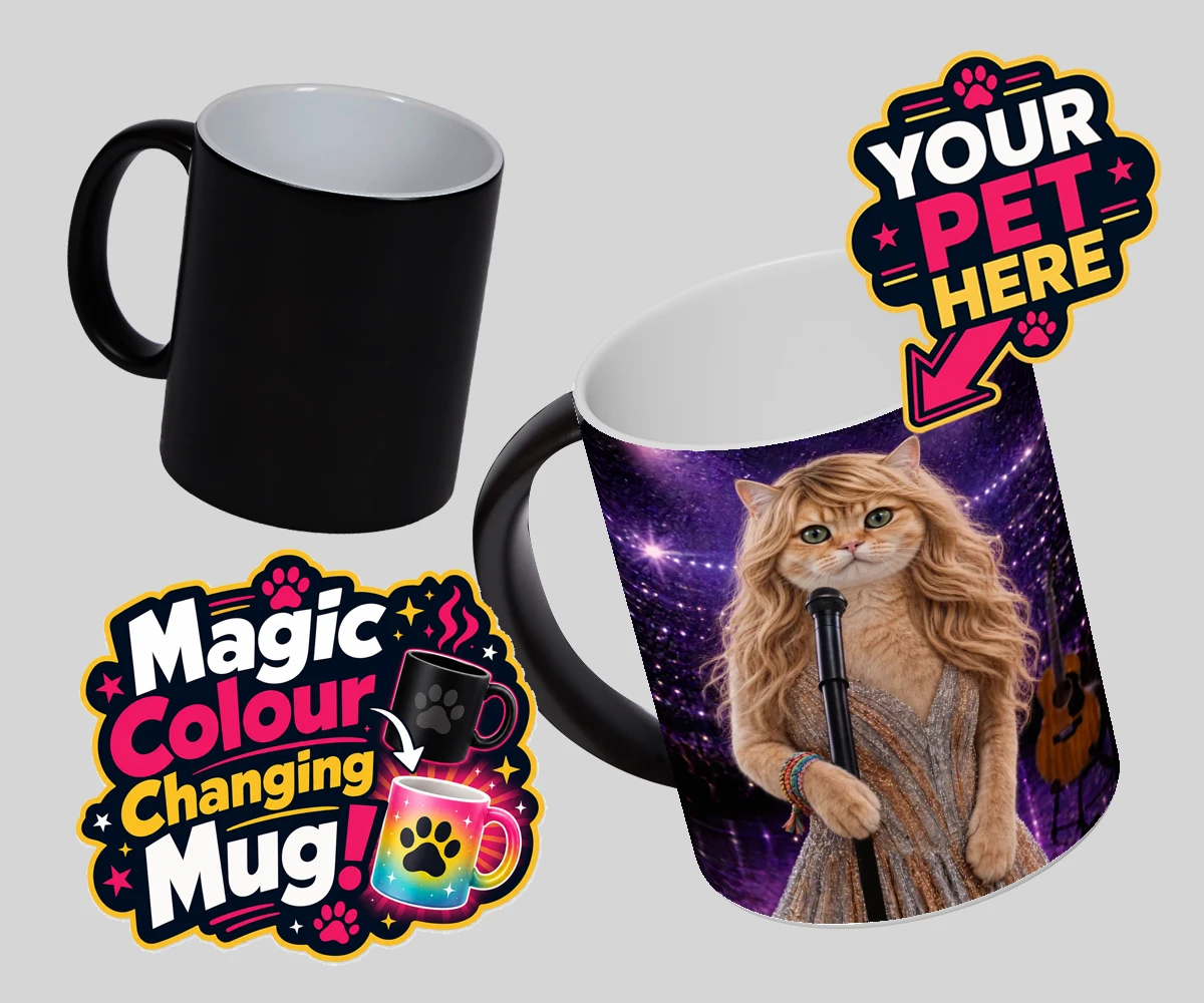 Personalised Swiftie Paws cat magic photo mugs featuring the purr-fect blend of feline charm and musical flair!