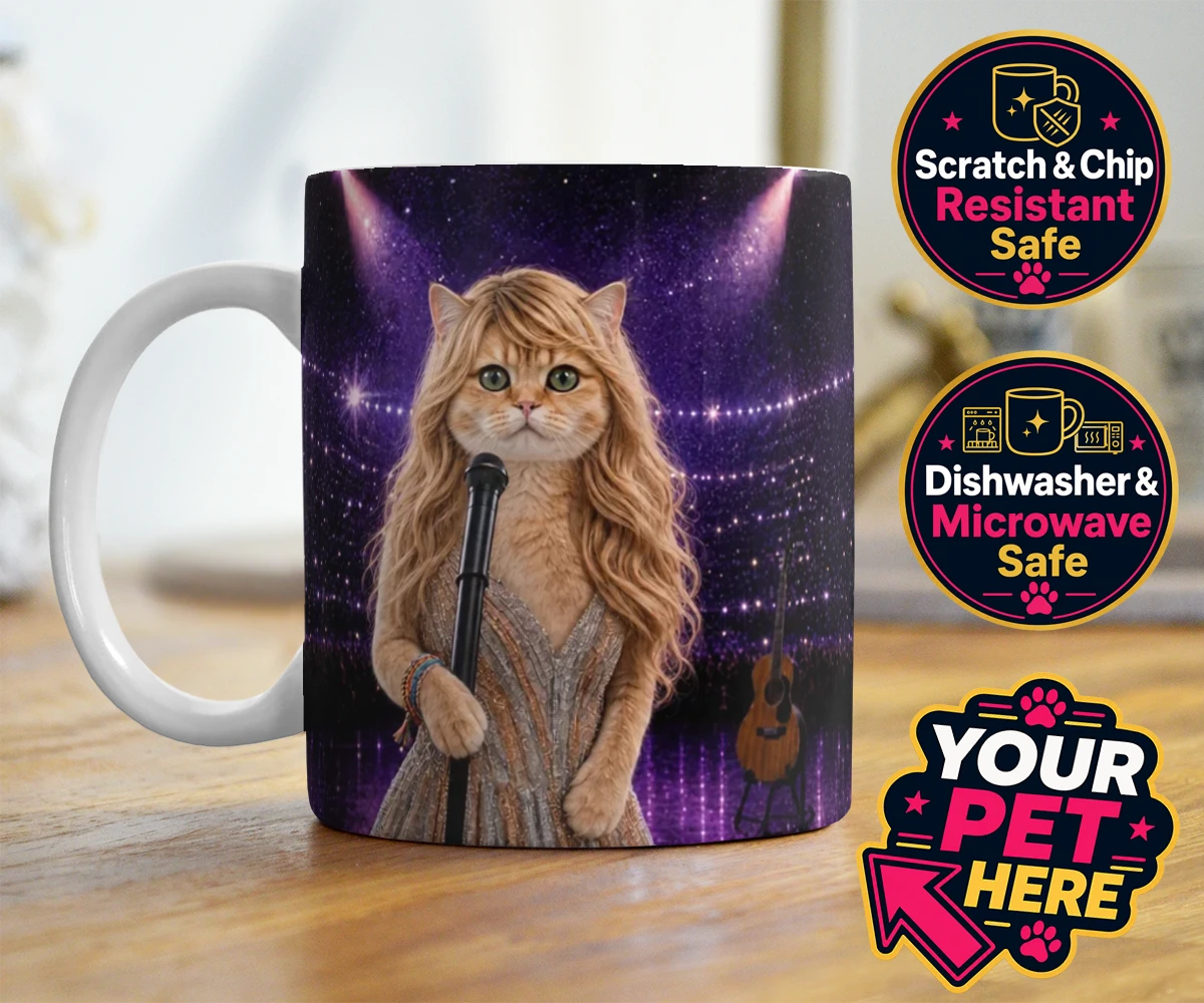 Personalised Swiftie Paws cat photo mugs featuring the purr-fect blend of feline charm and musical flair!