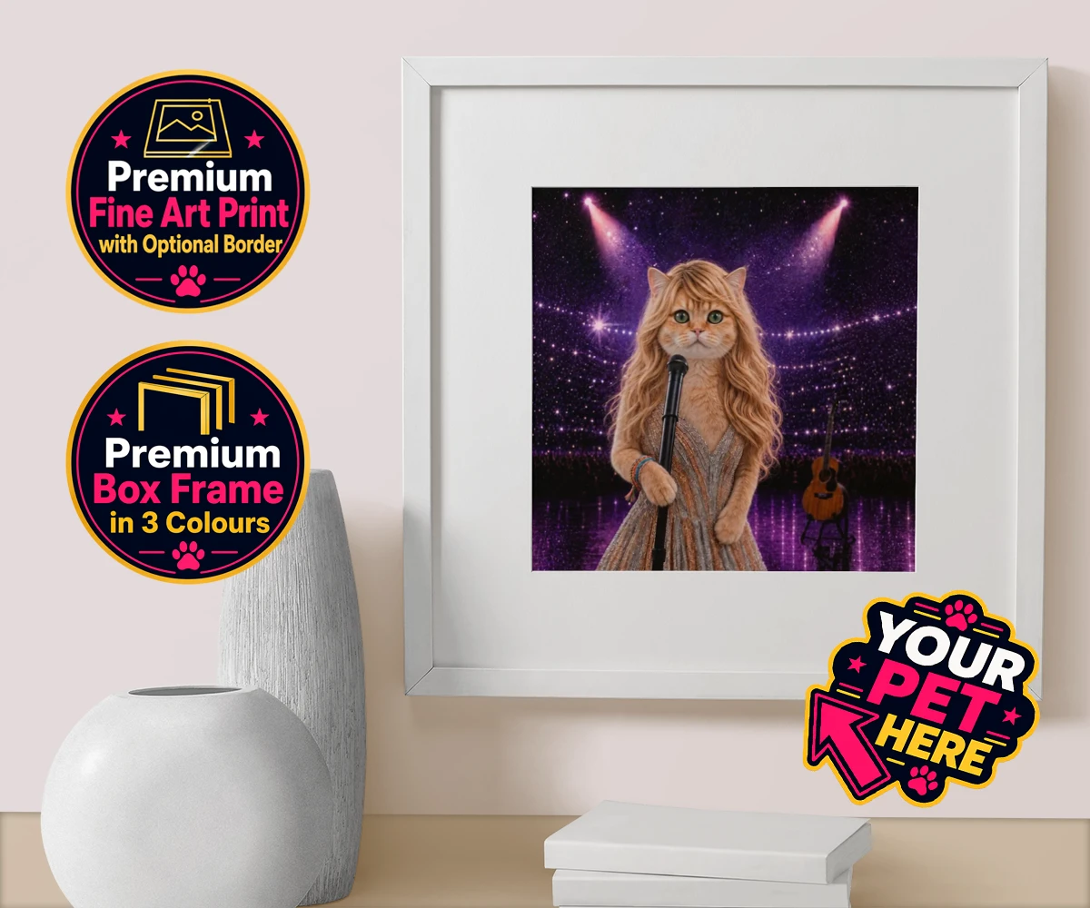 Personalised Swiftie Paws cat box framed print featuring the purr-fect blend of feline charm and musical flair!