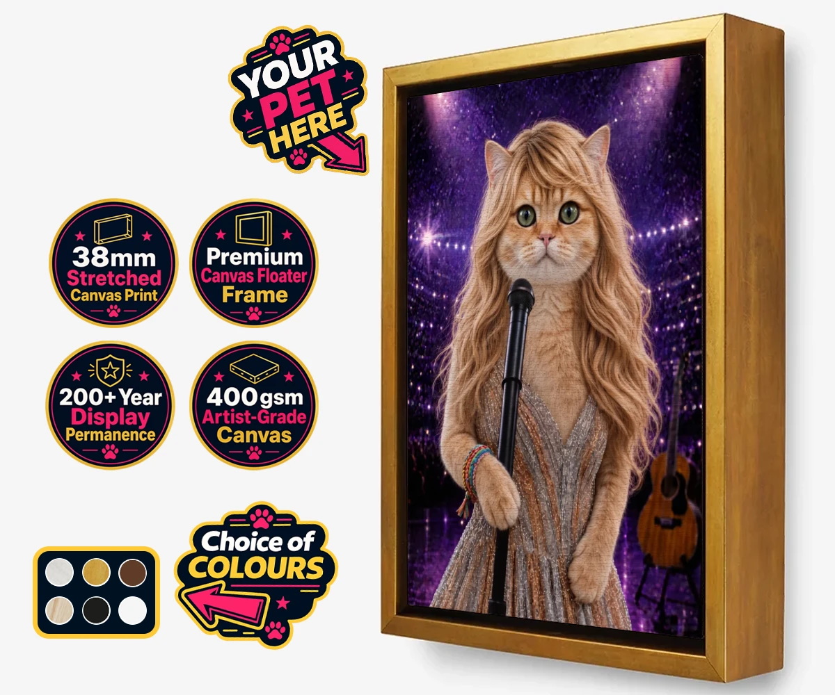 Personalised Swiftie Paws cat framed canvas print featuring the purr-fect blend of feline charm and musical flair!