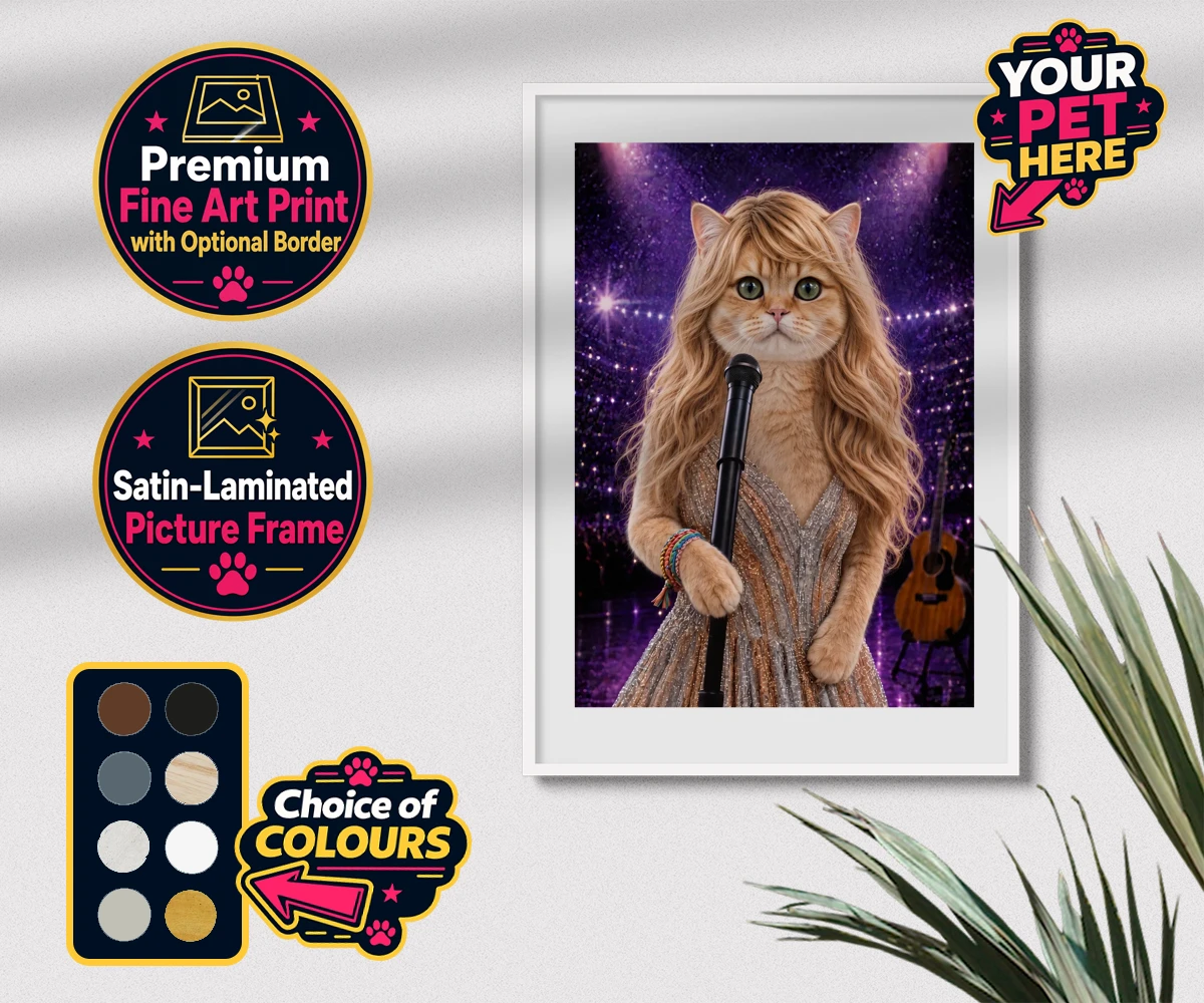 Personalised Swiftie Paws cat premium framed print featuring the purr-fect blend of feline charm and musical flair!