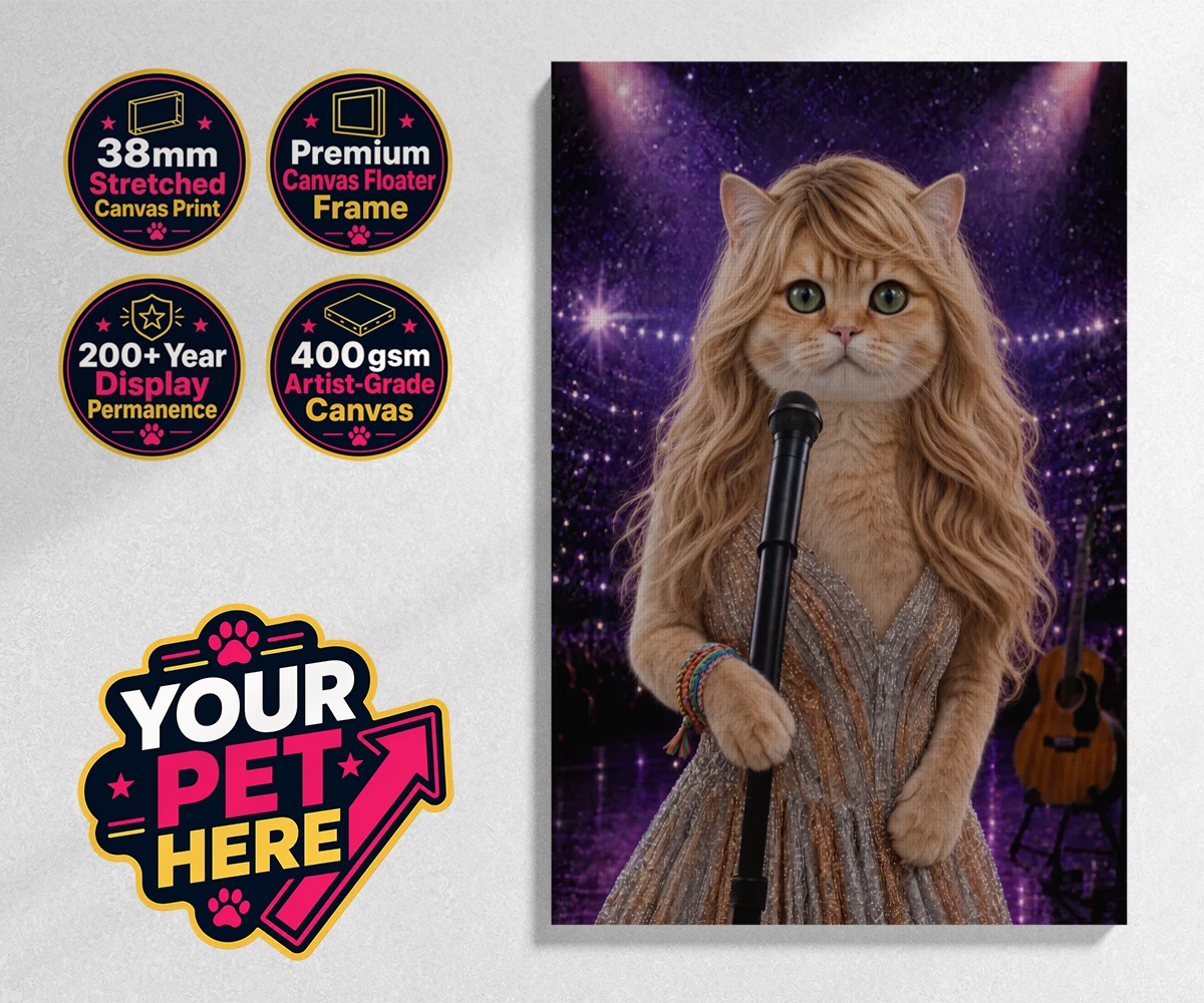 Personalised Swiftie Paws cat stretched canvas print featuring the purr-fect blend of feline charm and musical flair!