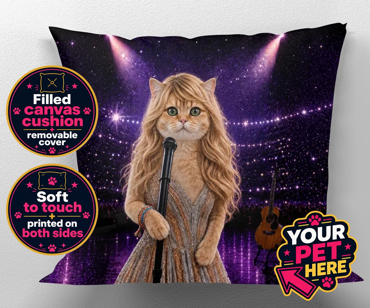 Personalised Swiftie Paws cat canvas cushions featuring the purr-fect blend of feline charm and musical flair!