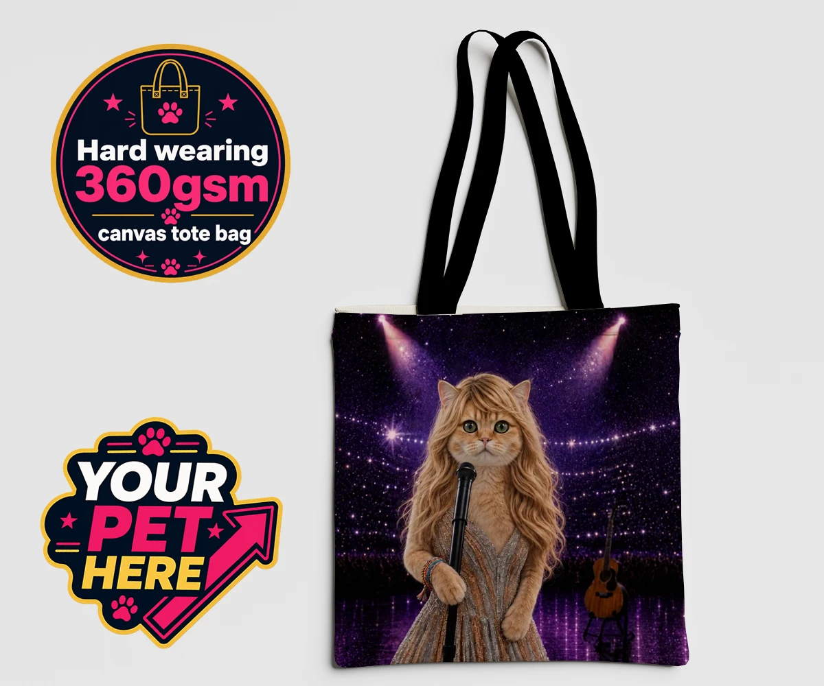 Personalised Swiftie Paws cat canvas tote bags featuring the purr-fect blend of feline charm and musical flair!