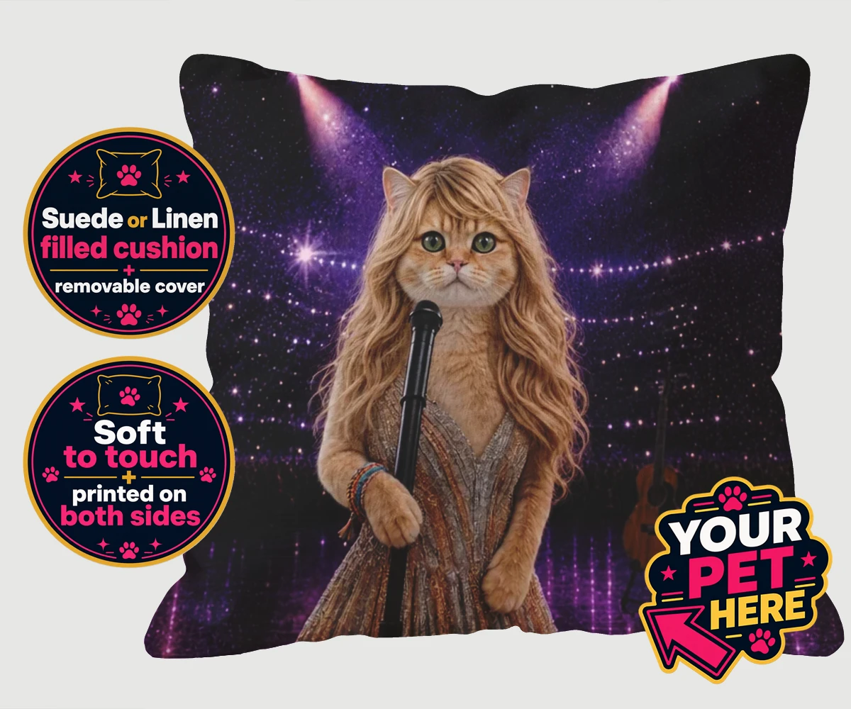 Personalised Swiftie Paws cat cushions featuring the purr-fect blend of feline charm and musical flair!