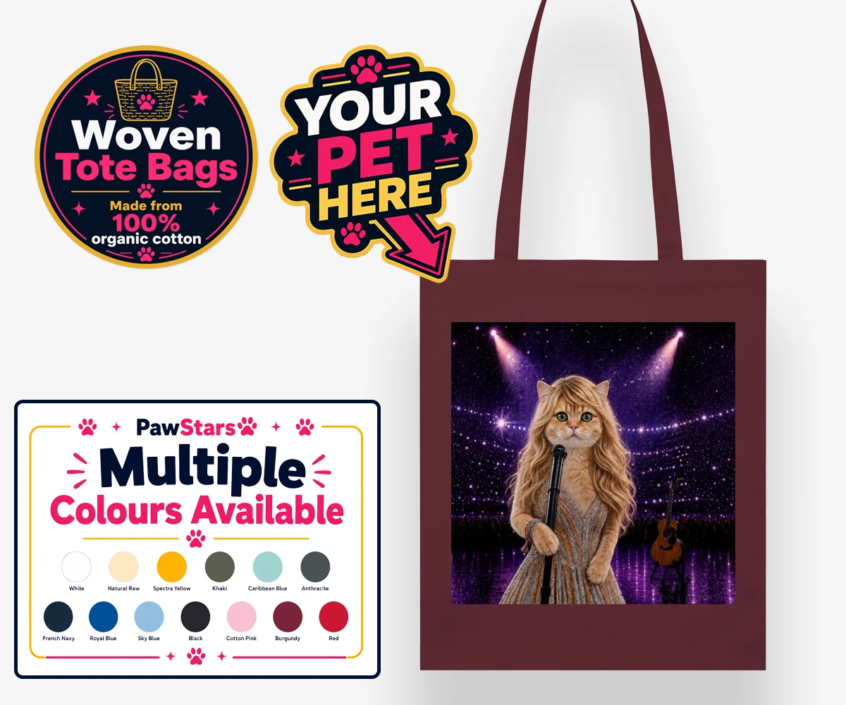 Personalised Swiftie Paws cat woven tote bags featuring the purr-fect blend of feline charm and musical flair!