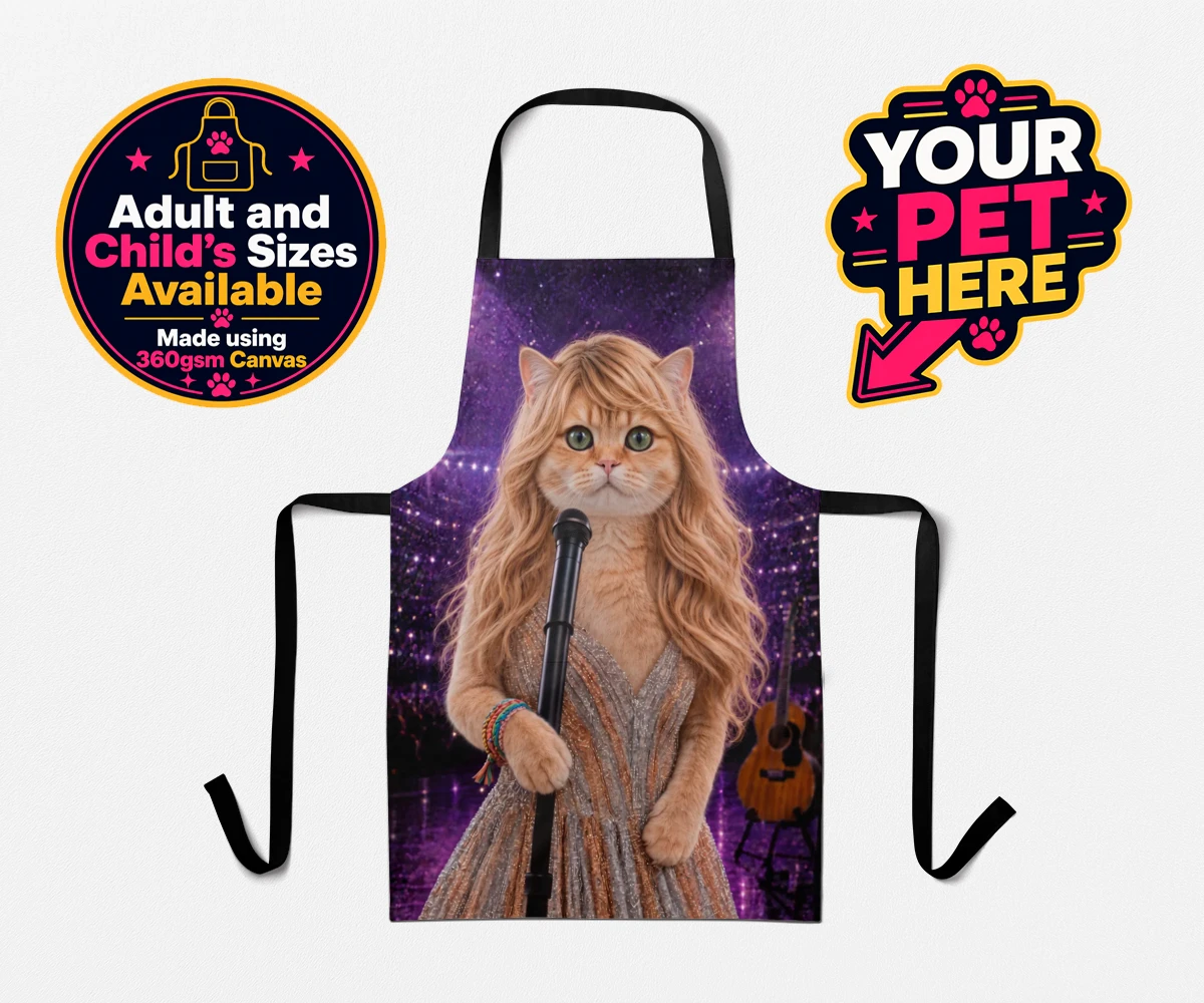 Personalised Swiftie Paws cat aprons featuring the purr-fect blend of feline charm and musical flair!