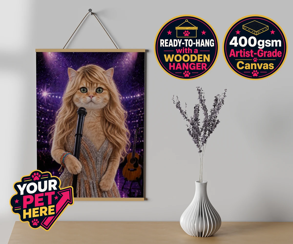 Personalised Swiftie Paws cat canvas poster prints with hanger featuring the purr-fect blend of feline charm and musical flair!