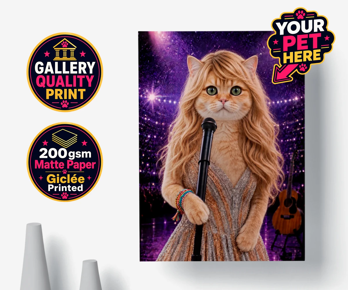 Personalised Swiftie Paws cat premium poster print featuring the purr-fect blend of feline charm and musical flair!