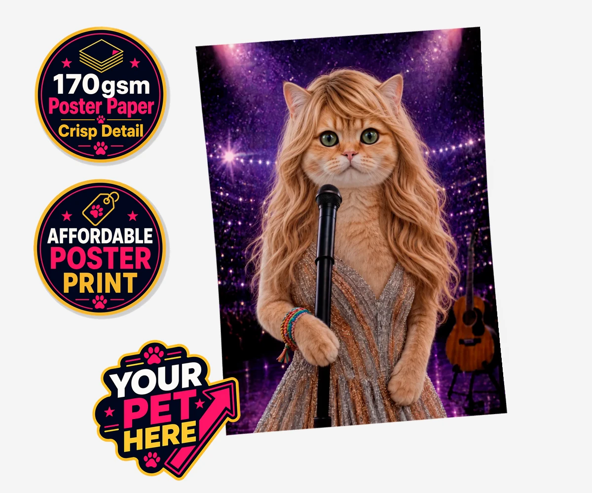 Personalised Swiftie Paws cat standard poster print featuring the purr-fect blend of feline charm and musical flair!