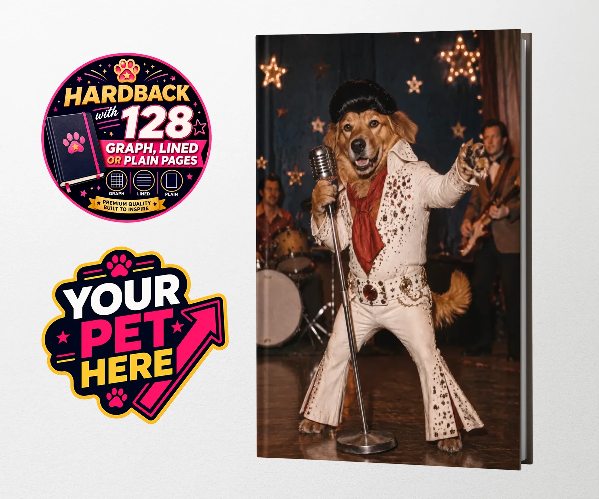 Personalised notebook featuring Rock ’n’ Roll Dog in a glitzy jumpsuit and pompadour wig