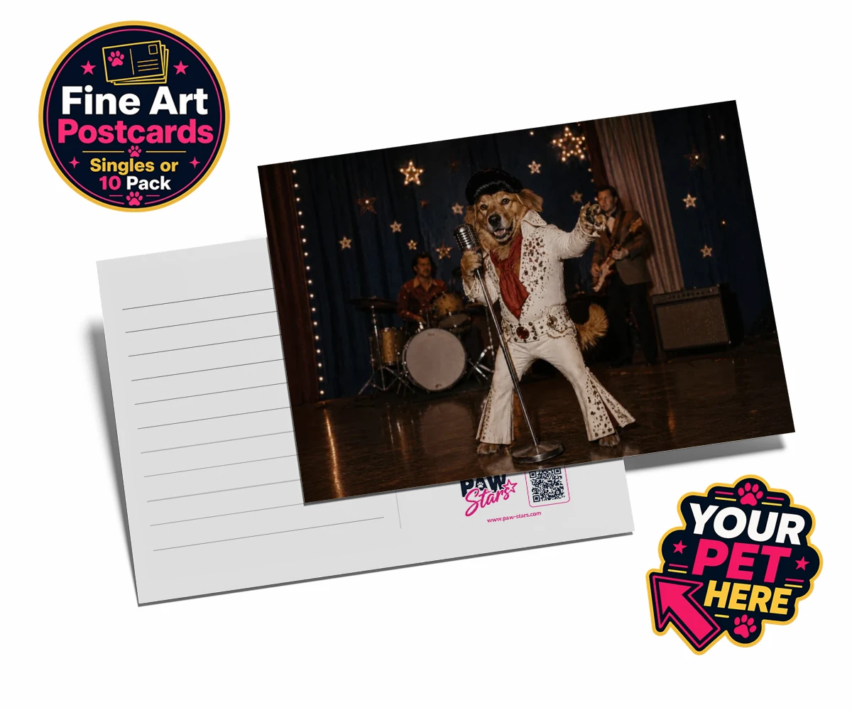 Personalised postcard featuring Rock ’n’ Roll Dog with a glitzy white jumpsuit and pompadour wig