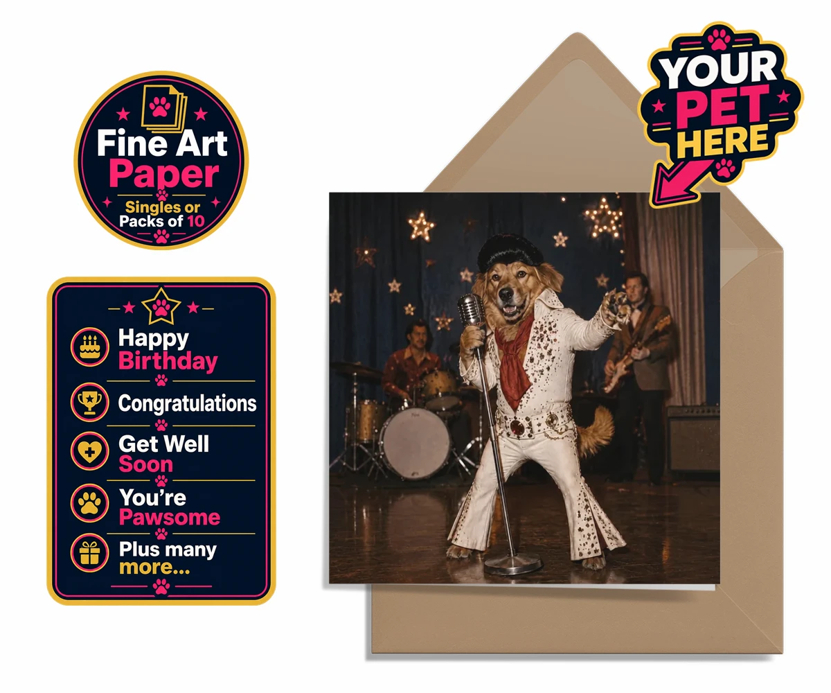 Personalised premium greetings card featuring Rock ’n’ Roll Pet dog in a glitzy white jumpsuit with a pompadour wig