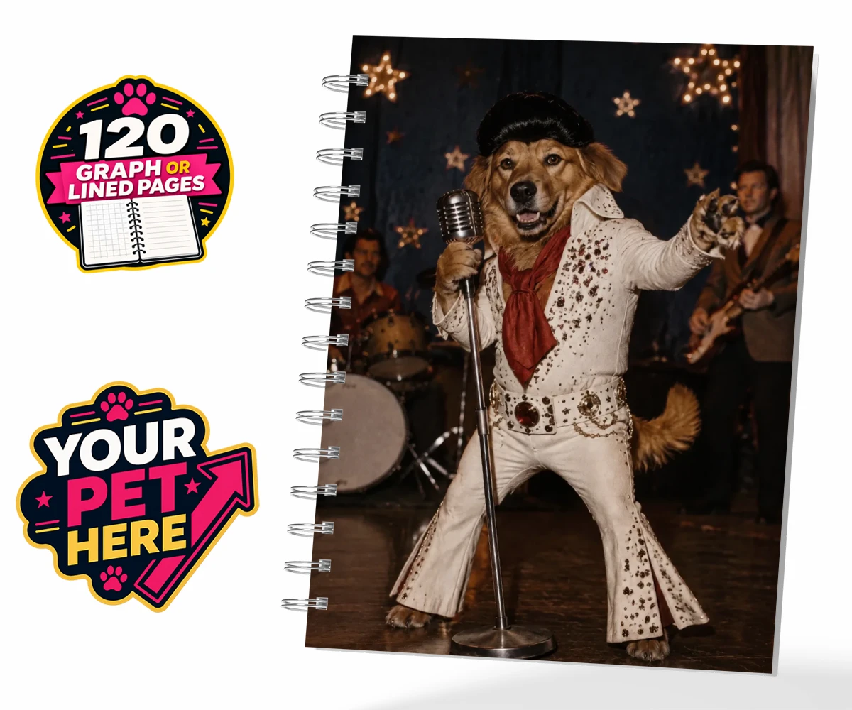 Personalised spiral notebook featuring Rock ’n’ Roll Pet dog in a white jumpsuit and pompadour wig