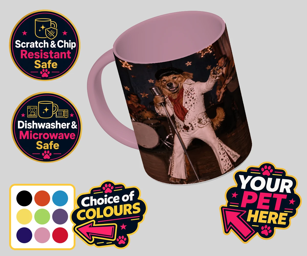 Personalised coloured photo mug featuring a Rock ’n’ Roll Pet dog in a white jumpsuit and pompadour wig.