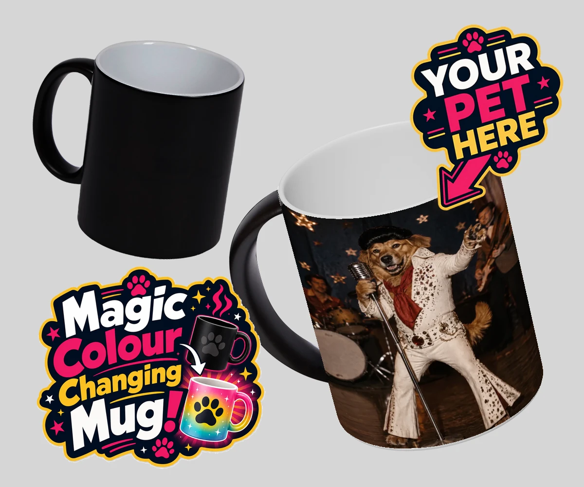 Personalised magic photo mug featuring Rock ’n’ Roll Pet dog in stylish jumpsuit