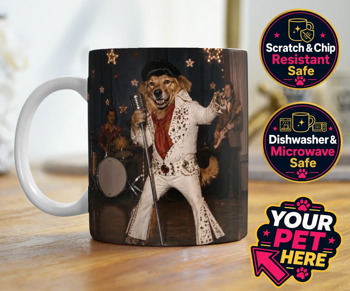 Personalised photo mug featuring a Rock ’n’ Roll Pet dog in a glitzy white jumpsuit and pompadour wig