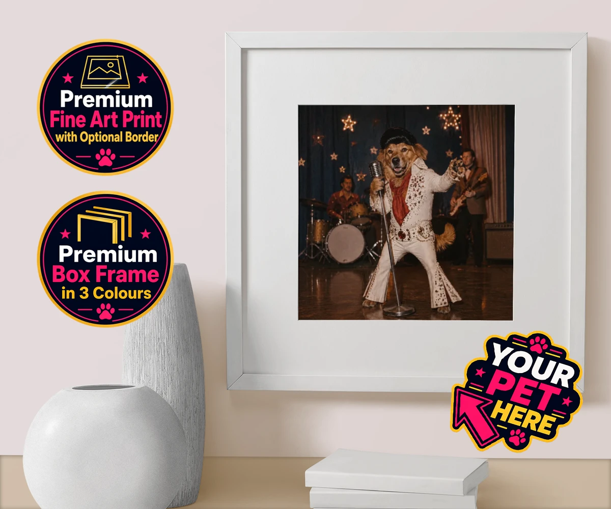 Personalised box framed print of Rock ’n’ Roll Pet dog in a stylish white jumpsuit with a pompadour wig