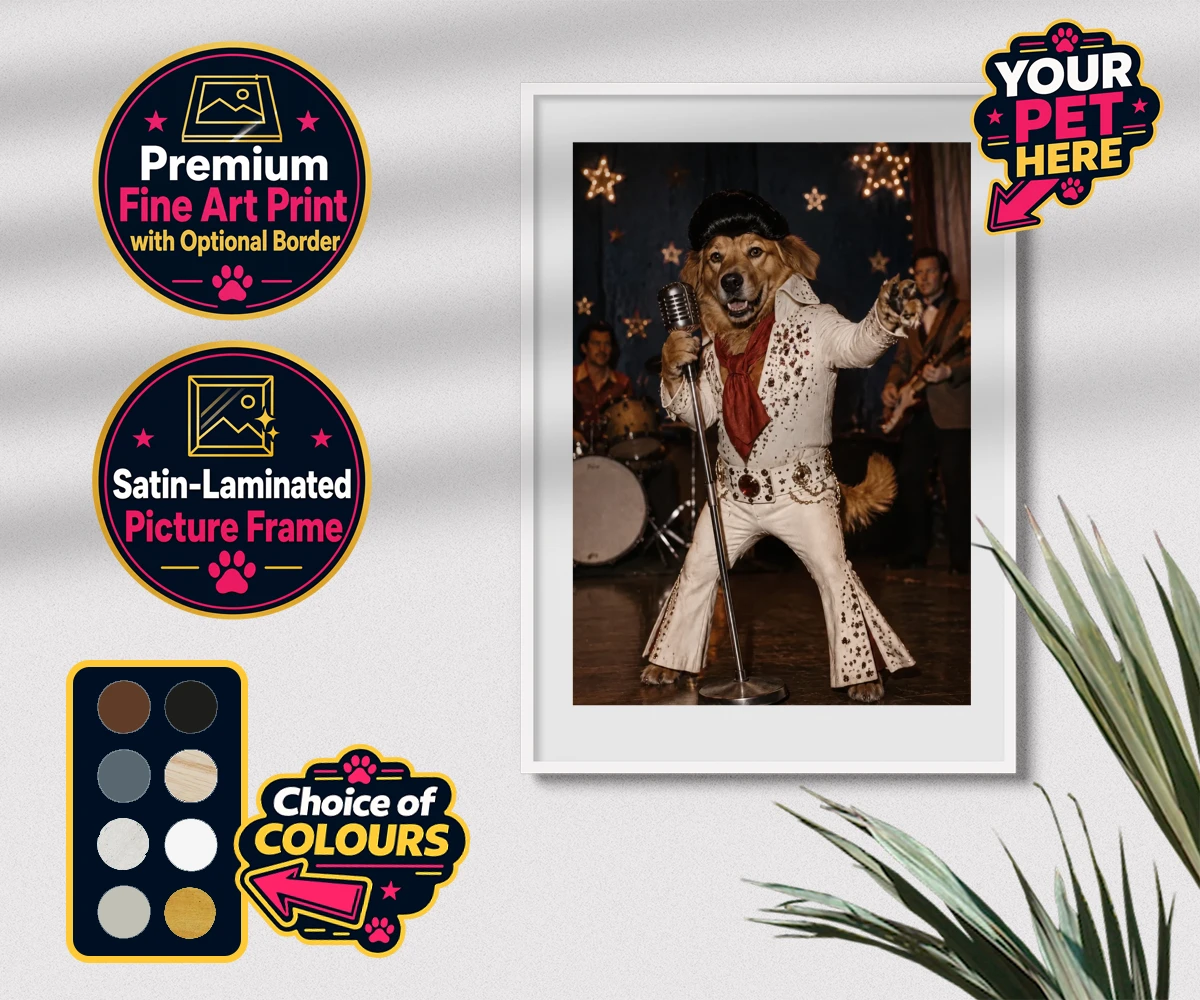 Rock ’n’ Roll Pet premium framed print featuring a dog in a white jumpsuit and pompadour wig against a star-studded background