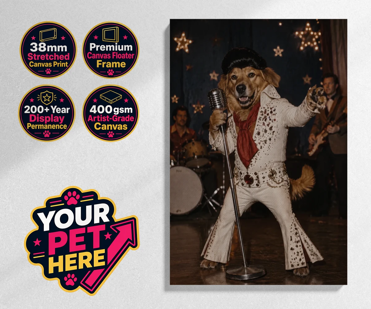 Personalised stretched canvas print of Rock ’n’ Roll Pet dog in white jumpsuit and pompadour wig