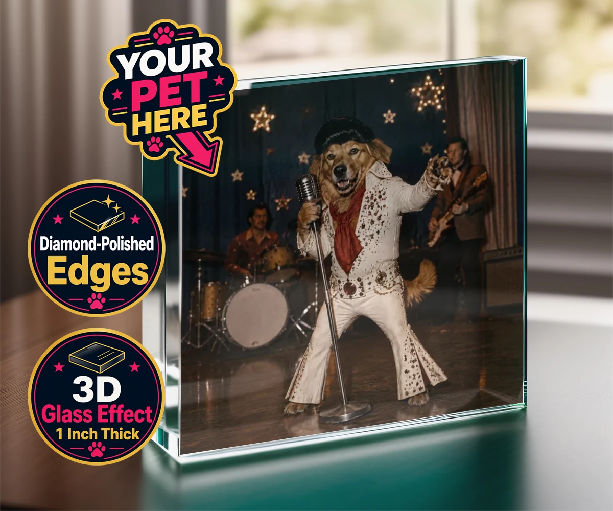 Personalised acrylic prism featuring Rock ’n’ Roll dog in a white jumpsuit and pompadour wig against a starry backdrop