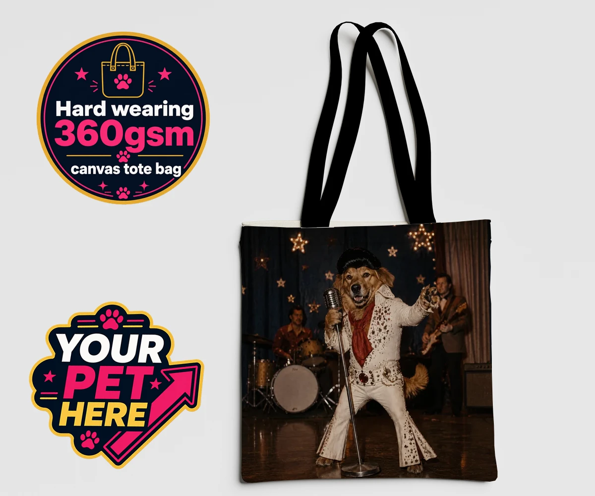 Personalised canvas tote bag featuring Rock ’n’ Roll Pet dog in a glitzy jumpsuit and pompadour wig