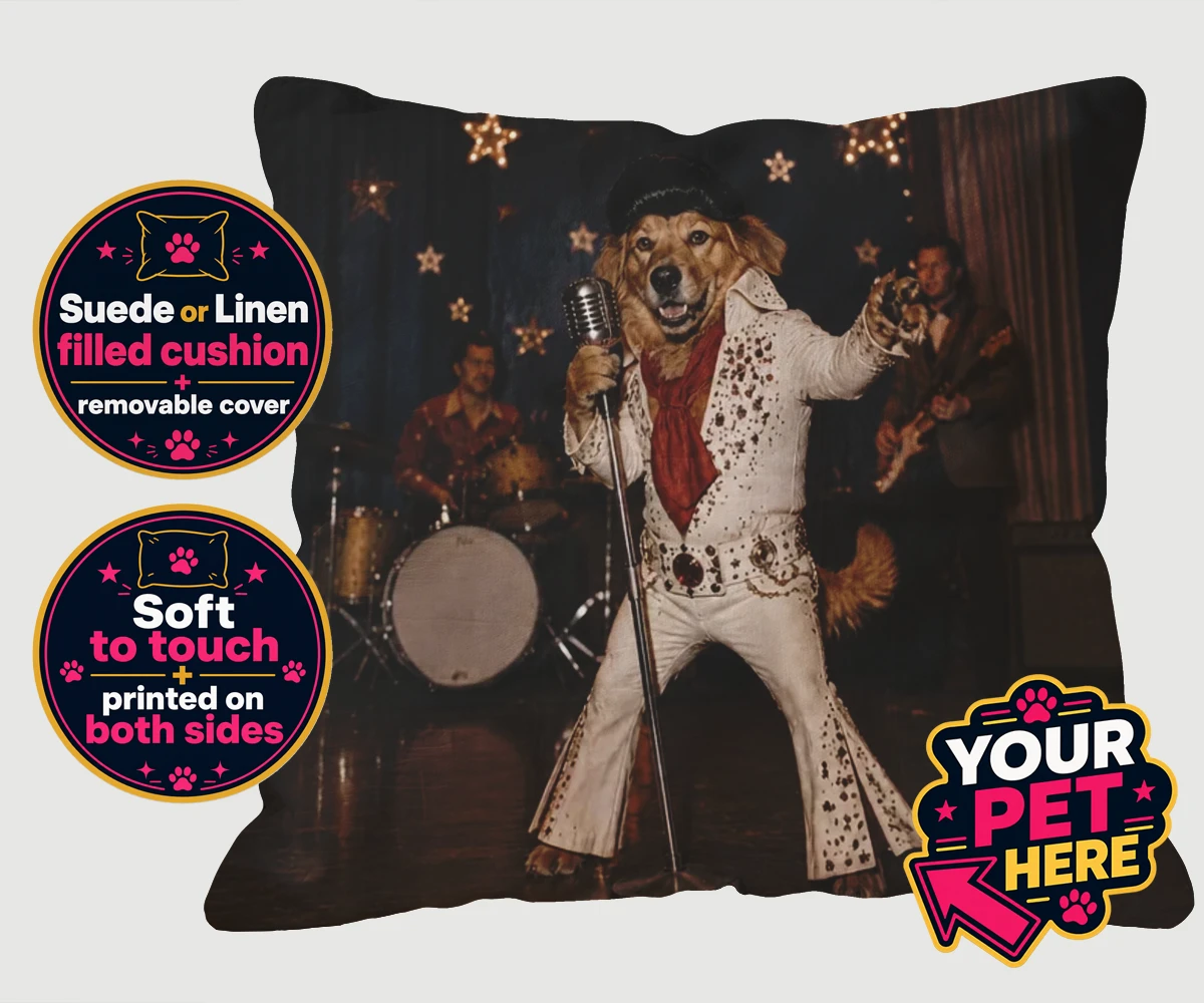 Personalised cushion featuring Rock ’n’ Roll dog with glitzy jumpsuit and pompadour wig