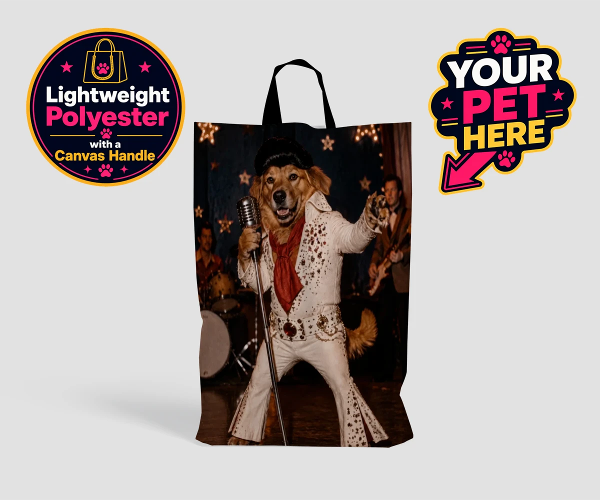 Personalised shopping bag featuring Rock ’n’ Roll Pet dog in a white jumpsuit and pompadour wig