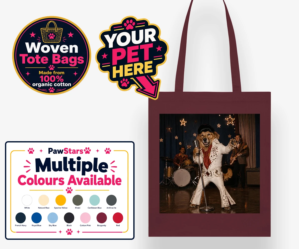 Personalised woven tote bag featuring Rock ’n’ Roll Pet dog in a glitzy costume with a pompadour wig against a starry background