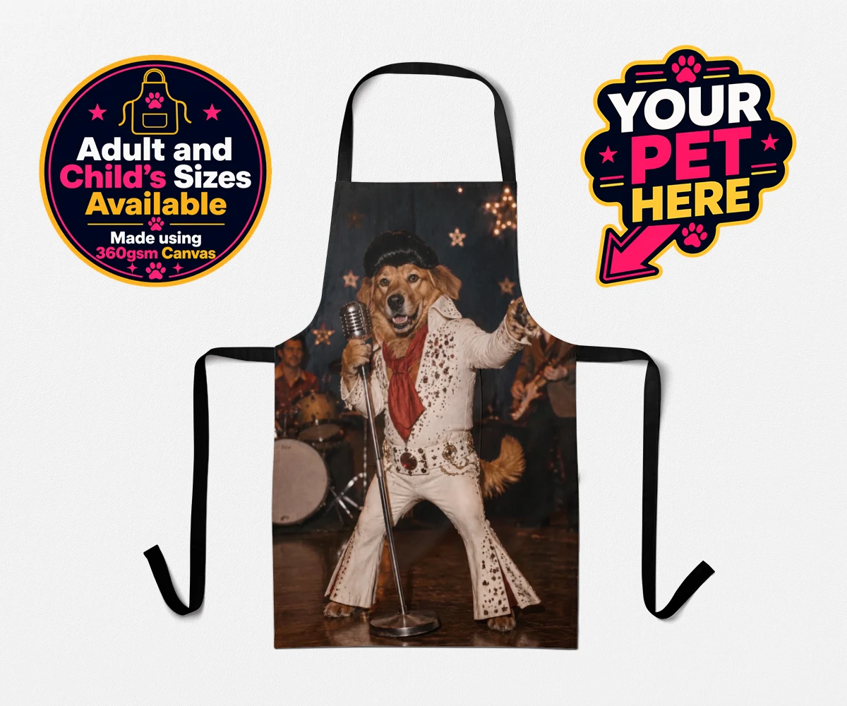 Personalised apron featuring Rock ’n’ Roll Pet dog in a white jumpsuit and pompadour wig