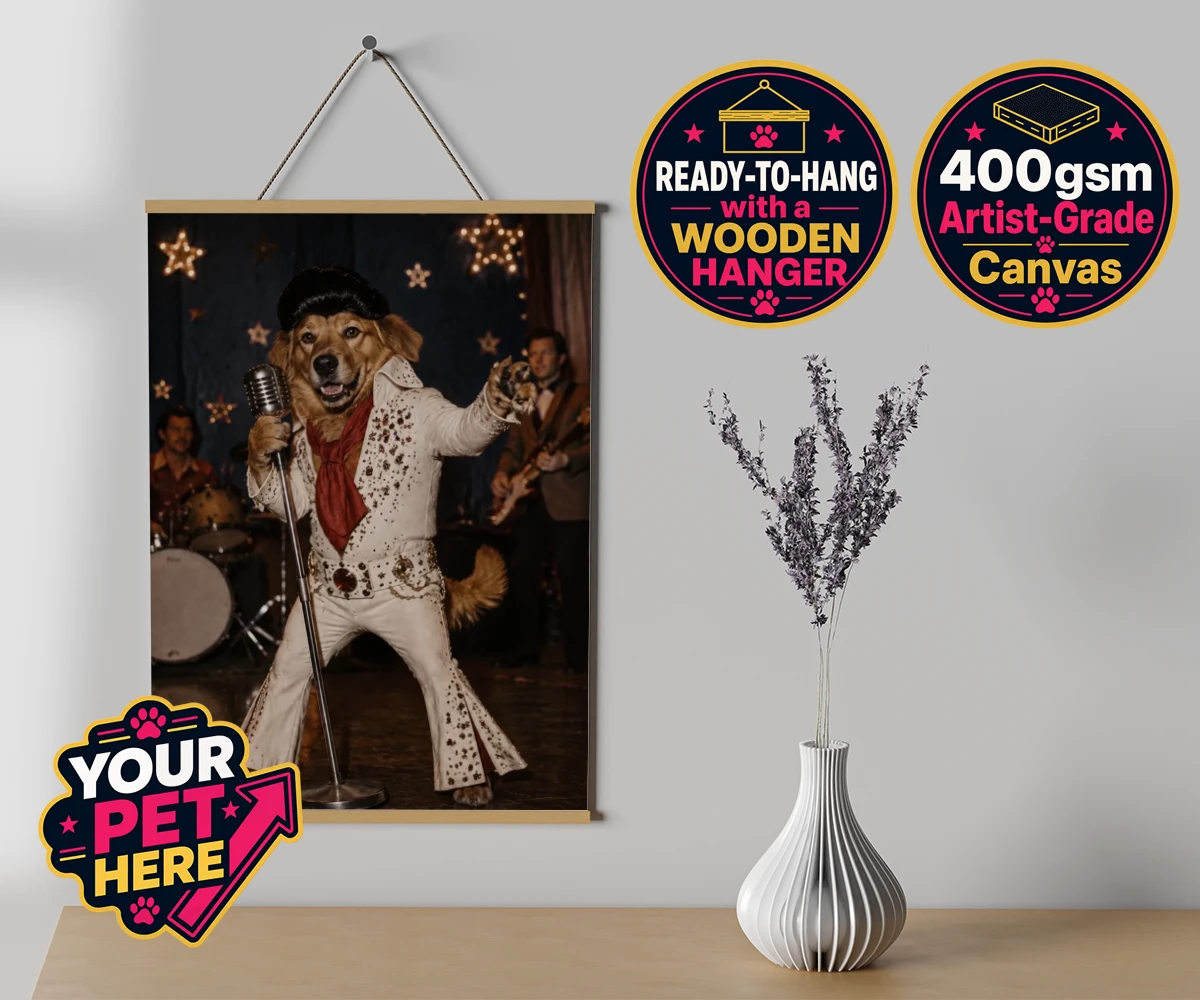 Rock ’n’ Roll Pet canvas poster print featuring a dog in a white jumpsuit and pompadour wig
