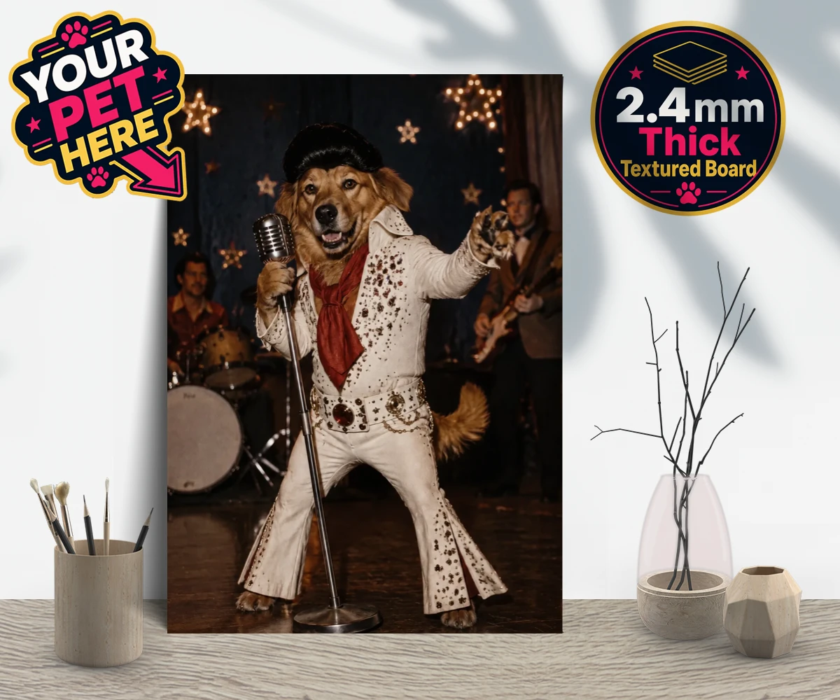 Personalised gallery board featuring a Rock ’n’ Roll dog in a glitzy costume with a vibrant star-studded backdrop.