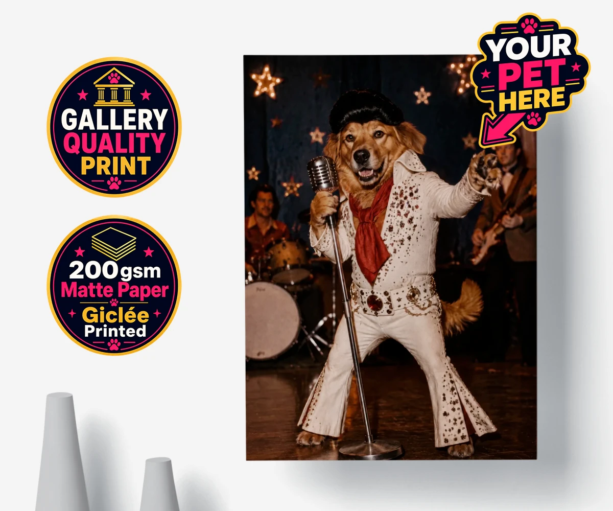Personalised premium poster print of Rock ’n’ Roll Dog in a white jumpsuit with a pompadour wig