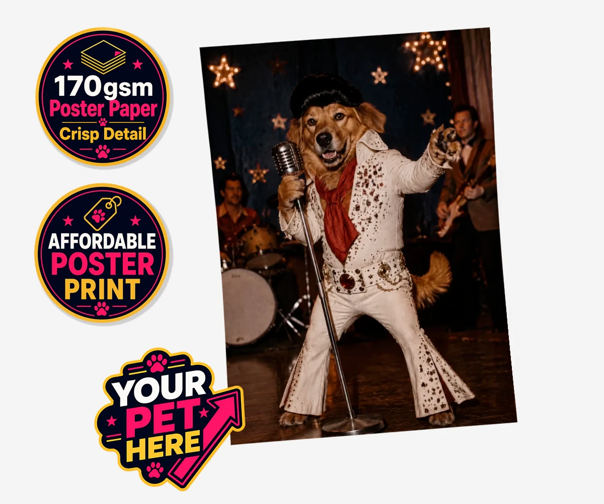 Personalised Rock ’n’ Roll Pet dog poster print showing a dog in a white jumpsuit and pompadour wig against a vibrant background.