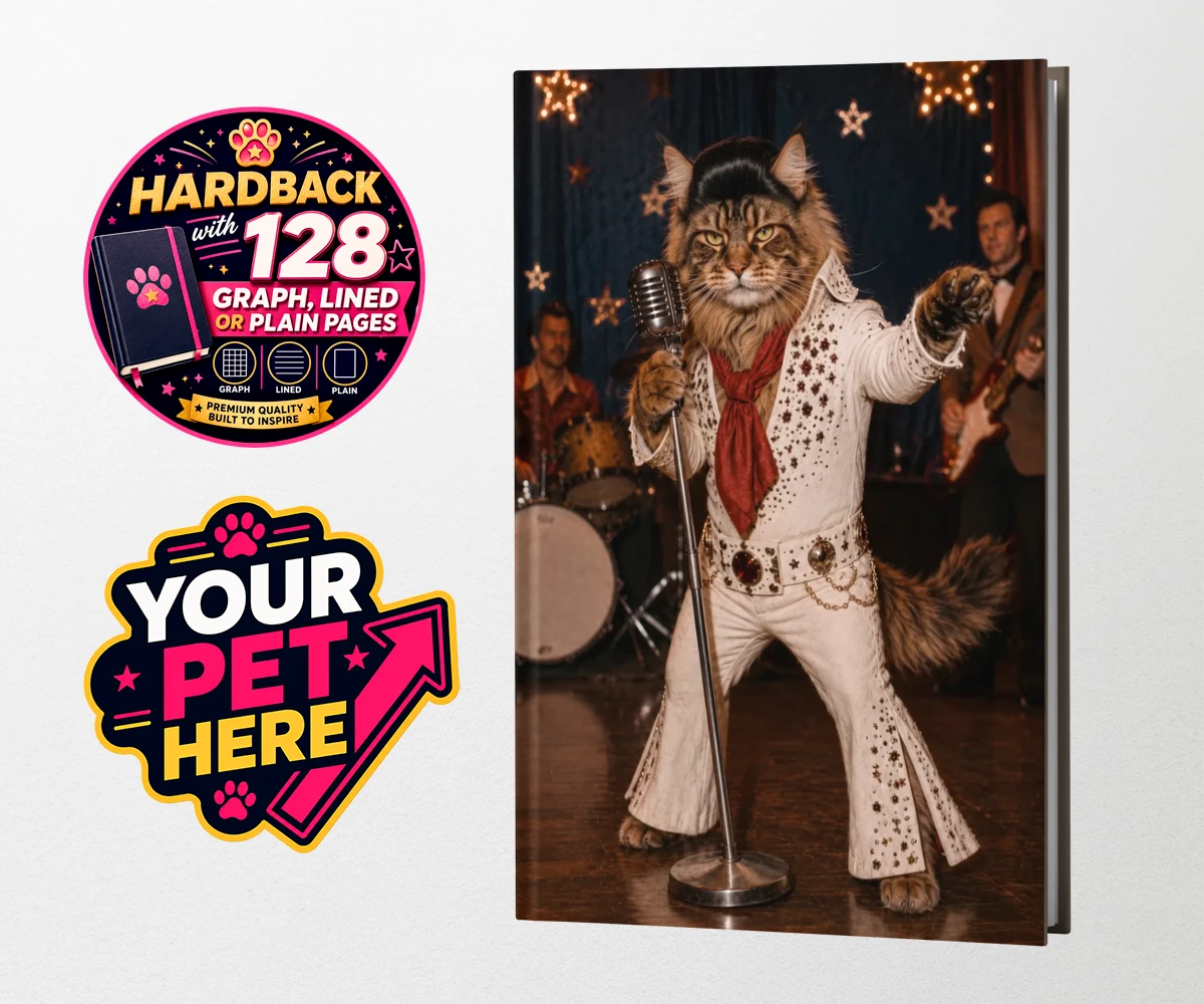 Personalised Rock ’n’ Roll Cat Notebook with a cat in a sequined jumpsuit and red scarf at a vintage microphone